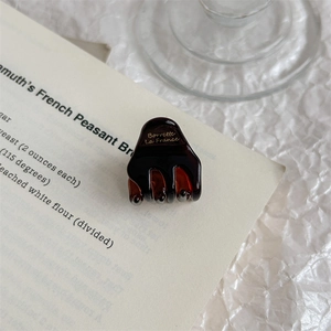Detailed close-up of dark amber acetate hair claw with golden Barrette La France lettering