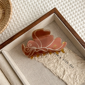 Makro-Detail von bernsteinbrauner Acetat-Schmetterlings-Haarklammer mit Logo
