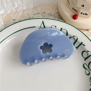 Detail view of light blue acetate hair claw clip with golden text and floral cutout