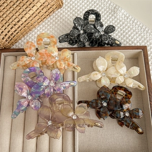 Pince à Cheveux Coréenne en Acétate Fleur Avec Strass Texture Marbrée Pince à Cheveux Florale Délicate pour Femmes Accessoires de Cheveux