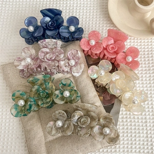 Elegant Acetate Flower Hair Claw With Faux Artificial Pearl Camellia Design Marble Texture Hair Clip For Women Daily Accessories