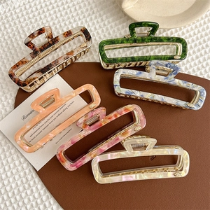 Elegant Rectangular Acetate Hair Claw Clip For Women Vintage Marble Texture Large Hollow Shark Clip Nonslip Hair Accessory