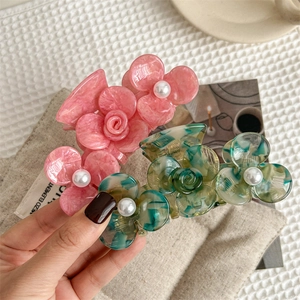 Floral acetate hair claw clip set with marble pink and green floral patterns and pearls