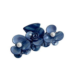 Deep blue marble acetic acid floral hair claw with white pearls and rose design