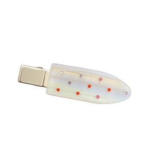 Elegant acetate duckbill hair clip with colorful rhinestones on a creamy resin base