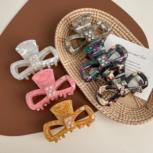 Vintage Acetate Bow Hair Claw With Shiny Rhinestones Marble Texture Fashion Hair Clip For Women Elegant Daily Hair Accessories