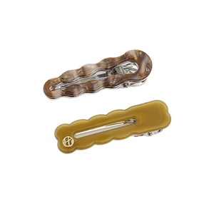 Paire de barrettes à cheveux ondulées en acétate marron marbré et vert olive