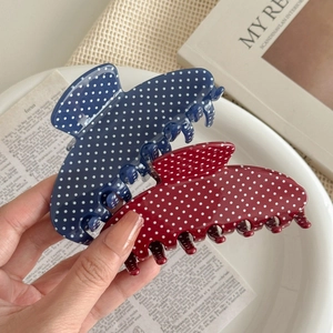 Polka dot large shark hair clips set in navy blue and deep red colors for women