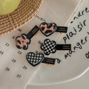 Leopard and checkerboard heart flower hair clips set with gold France Handmade lettering