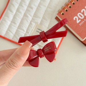 Dark red acetate bow hair clip set with France handmade lettering for elegant styling
