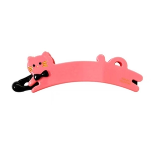 Pink banana hair clip with cute cartoon cat pattern and France Handmade stamp on white background