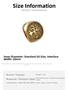 Detailed technical specifications for 20mm tree of life gold plated titanium steel ring