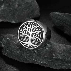 Men's vintage titanium steel Tree of Life signet ring with a polished silver finish