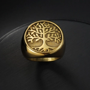 Vintage Titanium Steel Tree Of Life Signet Ring For Men Retro Punk Style Round Finger Ring For Wedding Party Jewelry