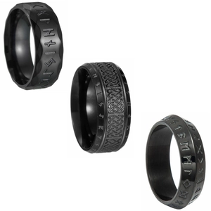 Three black Viking rune rings in Nordic style made of premium titanium steel for men