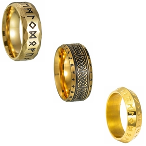Nordic Viking runic rings set in gold finish with Celtic knot patterns for men