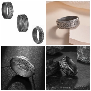 Nordic Viking rune titanium steel ring with vintage silver finish and Celtic knotwork
