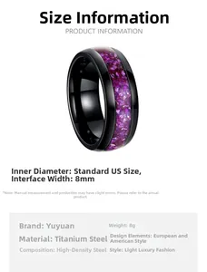 Paramètres de taille détaillés de la bague en titane noir 8mm avec incrustation d'améthyste
