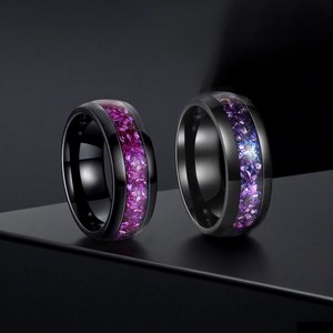 Bague en Acier Titane Noir Avec Incrustation de Sable de Cristal Violet Bleu Bijoux Minimalistes pour Homme Femme Mariage