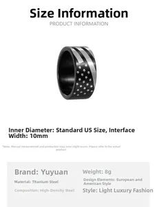 Detailed spec sheet for 10mm stainless steel ring with American flag design and star pattern
