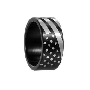 10MM black brushed stainless steel ring with silver American flag stars and stripes