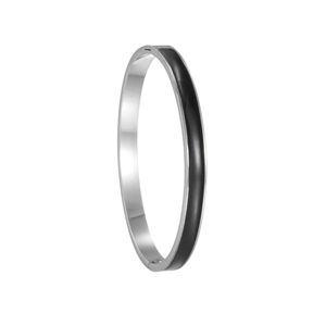 Bracelet charnière élégant en acier inoxydable argenté avec incrustation émail noir