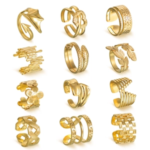 12-piece set of adjustable gold titanium steel rings with leaf, snake, and heart designs