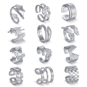 Set of 12 adjustable stainless steel rings for women with various boho aesthetic designs