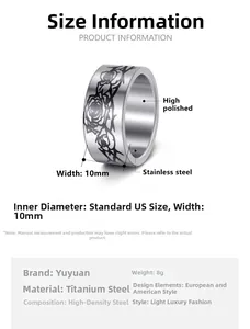 Macro detail of 10mm stainless steel wedding ring with black rose floral patterns