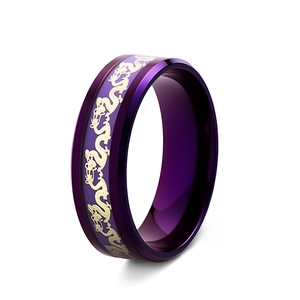 Polished purple stainless steel ring featuring an intricate golden dragon pattern design