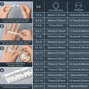 Detailed size guide showing measurement steps and conversion chart for steel rings