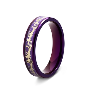 Purple dragon phoenix stainless steel ring with golden relief pattern and mirror finish