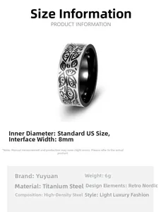Specifications of 8mm vintage Nordic Viking evil eye titanium steel ring showing size and weight