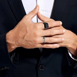 Men's hip hop jewelry set with black signet ring and silver Norse rune engraved band