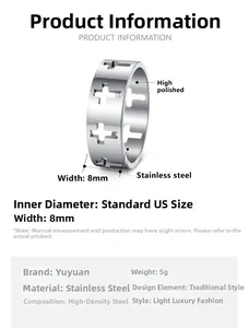 Detailed size chart for 8mm hollow cross titanium steel ring with US size parameters