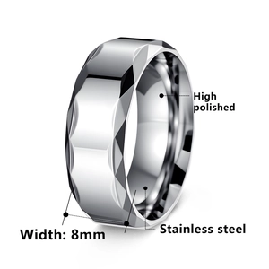 Polished 8mm stainless steel ring for men featuring a geometric faceted cut design