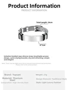 Detail view of titanium steel bracelet with black woven silicone strap and polished metal plate