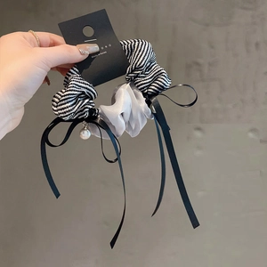 French Stripe Mesh Scrunchie Set With Ribbon Bow And Faux Artificial Pearl Splicing Large Intestine Hair Ties For Women Daily Wear