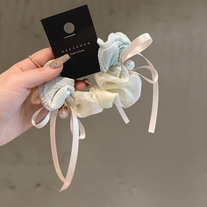 Striped mesh hair scrunchies with long ribbon bows and elegant pearl charms set