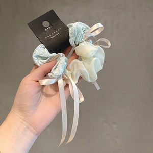 French striped mesh hair scrunchie set with ribbon bow and elegant pearls in green and white