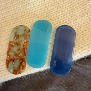 Set of three retro French acetate oval hair clips in tortoise, light blue and navy blue