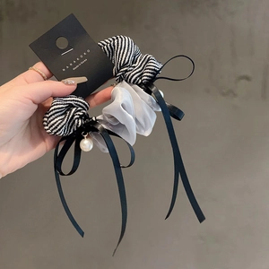 Striped scrunchie with grey mesh, long bow ribbons, and pearl pendant for hair