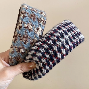 Retro french plaid knitted headband in thick tweed fabric for women autumn winter style