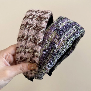 French vintage plaid knit wide headband in pink-brown and purple-green tweed textures