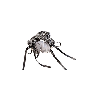 French stripe mesh hair scrunchie with bow ribbon and faux pearl details