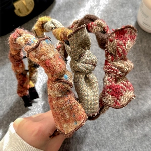 Retro Tweed Bow Woven Headband For Women Autumn Winter High Cranial Top Hair Hoop Anti-Slip Hair Band With Teeth