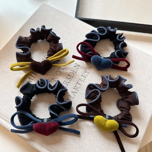 Korean Style Velvet Heart Bow Scrunchie For Women Pleated Fabric Hair Tie Denim Trim Ruffled Headband Hair Accessories