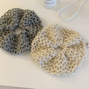 Set of two bohemian beige crochet knit scrunchies with oversized hollow-out hair tie design