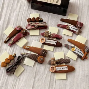 Retro bear plaid hair clips set with brown and burgundy autumn winter aesthetic styles