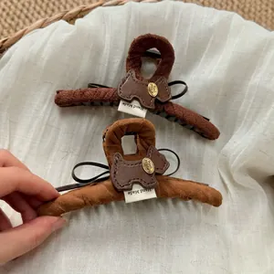 Plush puppy bow hair claw clips in brown and beige set for autumn and winter